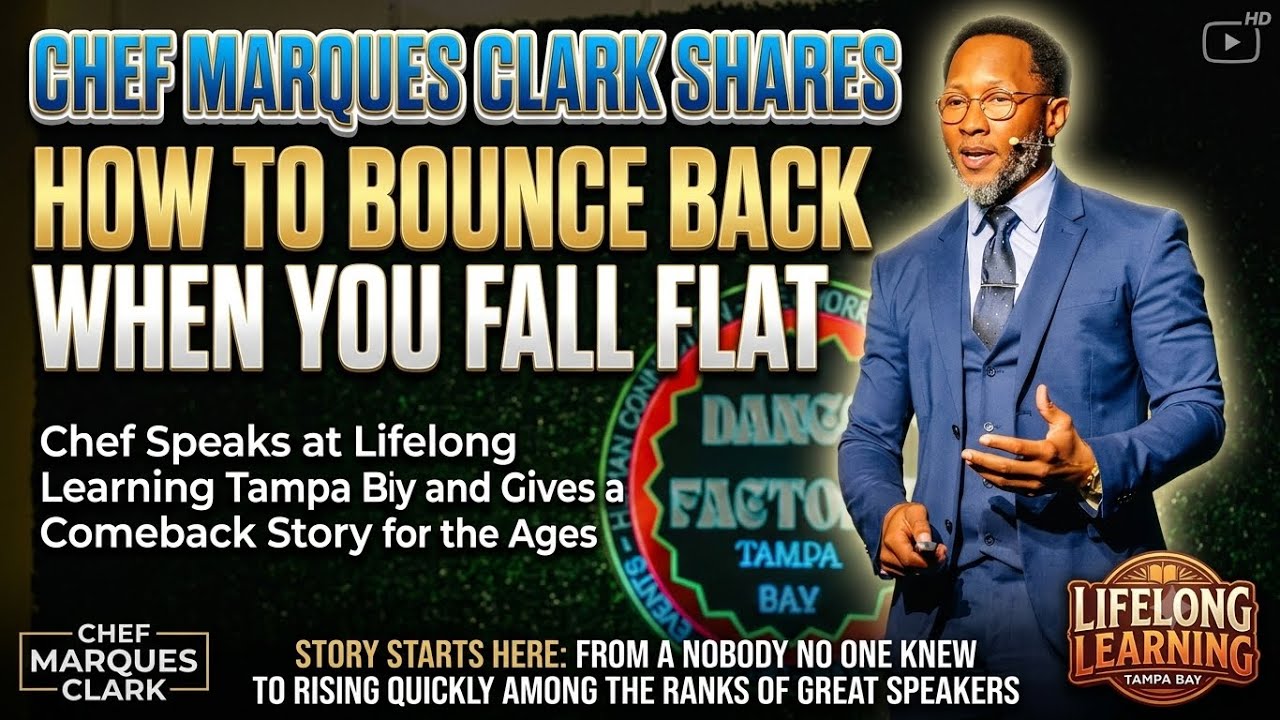 Chef Marques Clark speaking at Lifelong Learning Tampa Bay about his comeback story