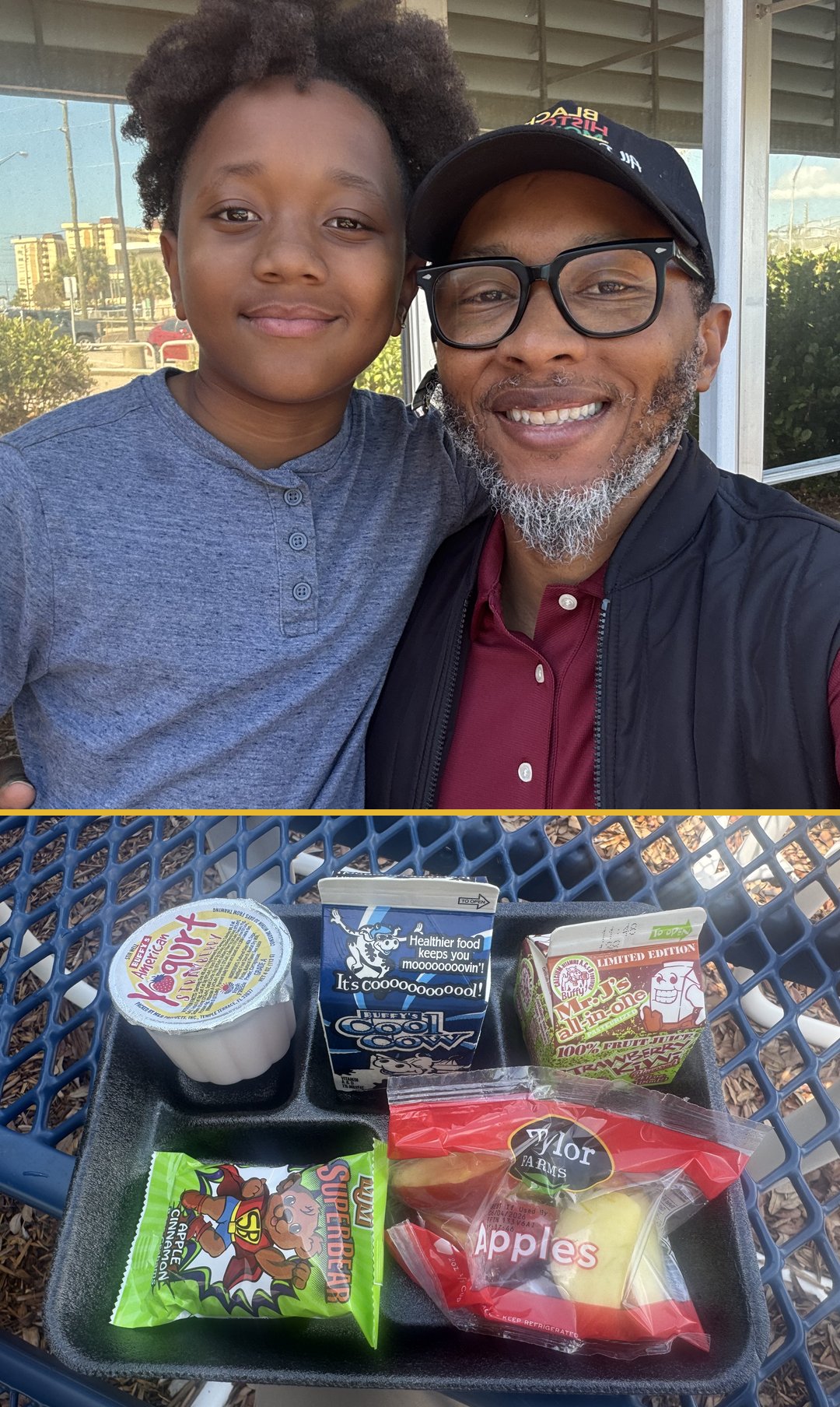Chef Marques Clark with his son, and the school lunch tray of packaged, processed food that started the movement